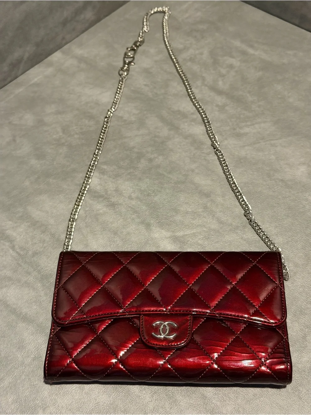 CHANEL Wine Red Medium Flap Patent Wallet Hologram w/ Chain and Authent Cert